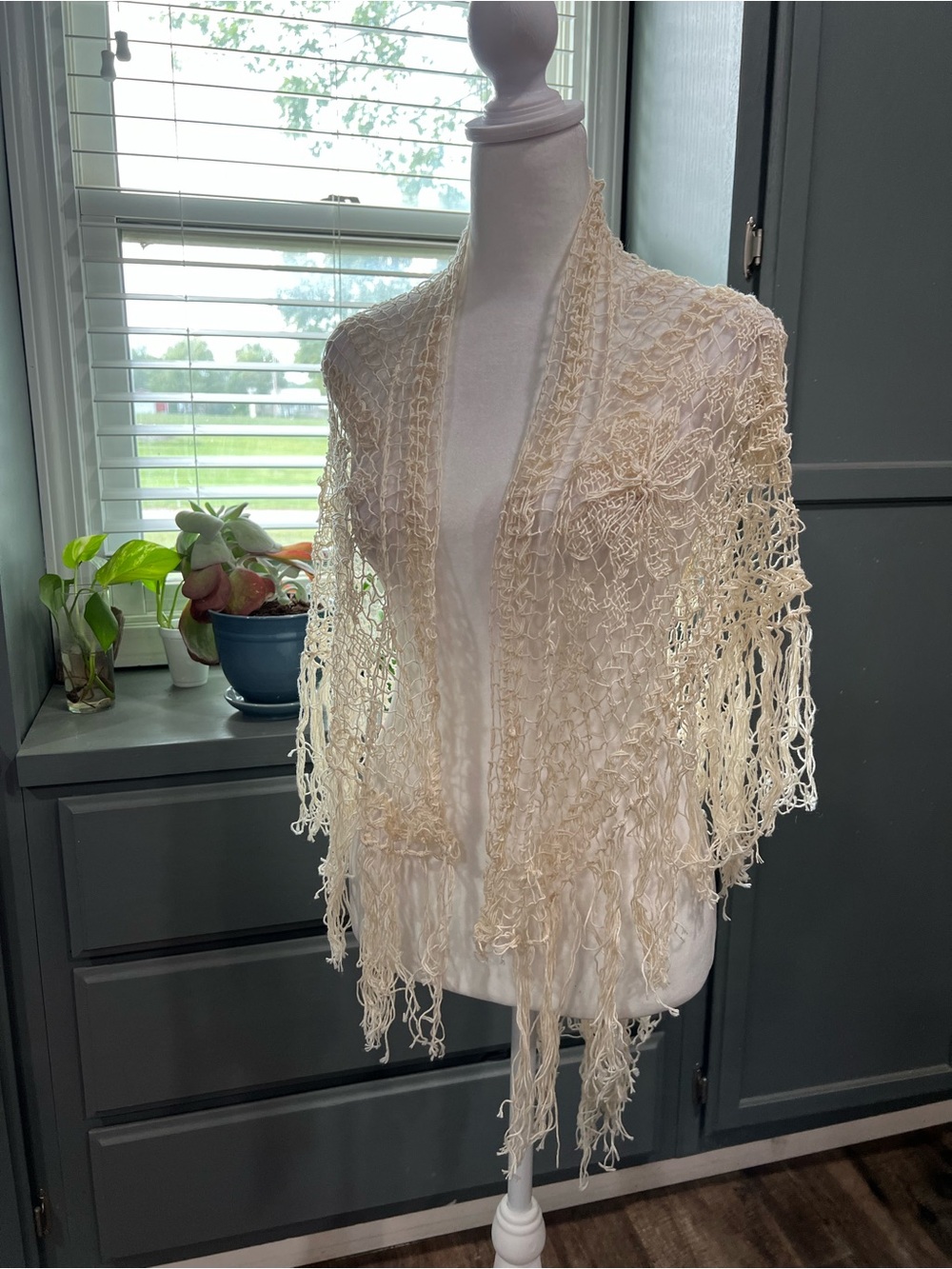 Cream Crochet Fringe Shawl - Lightweight Boho Wrap